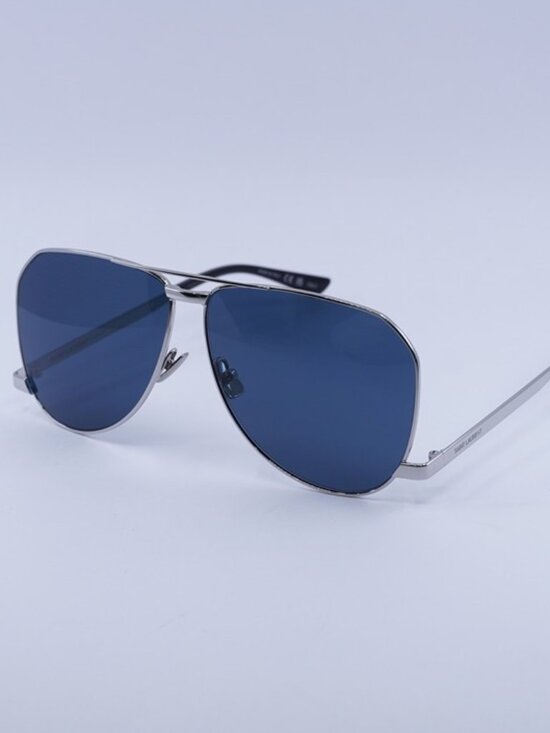 Saint Laurent SL690 DUST 003 Sunglasses Silver Aviator Frame, Blue Lenses